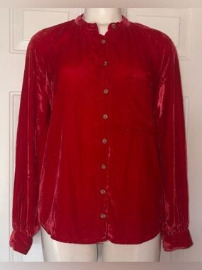 Pilcro Anthropologie Mara Red Relaxed Velvet Buttondown Top Blouse Medium